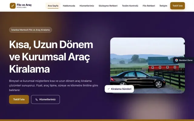 Araç Kiralama için Hareketli Mor Turuncu – Araç Kiralama Web Sitesi ana sayfa görünümü