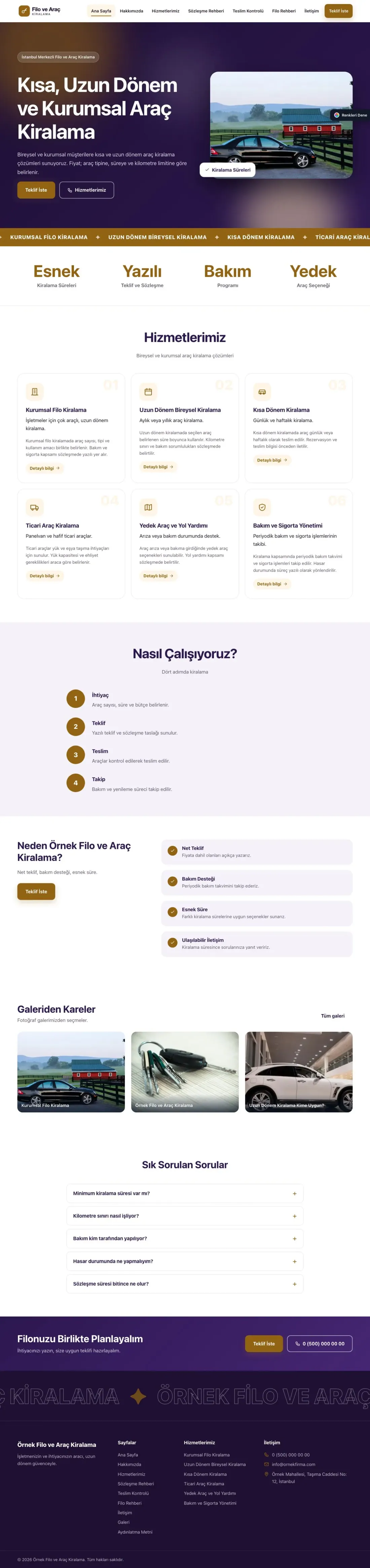 Araç Kiralama için Hareketli Mor Turuncu – Araç Kiralama Web Sitesi ana sayfa görünümü