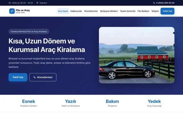Klasik Lacivert Mavi – Araç Kiralama Web Sitesi ana sayfa görünümü