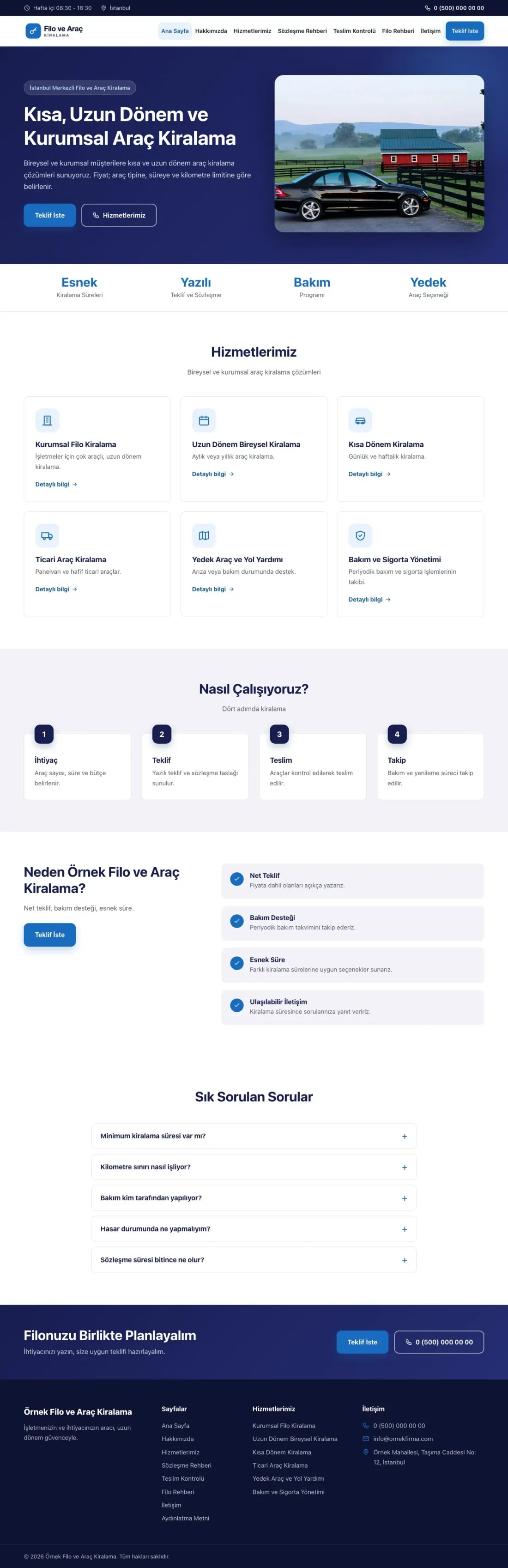Klasik Lacivert Mavi – Araç Kiralama Web Sitesi ana sayfa görünümü