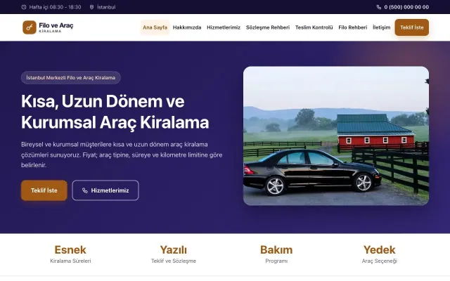 Klasik Lacivert Turuncu – Araç Kiralama Web Sitesi ana sayfa görünümü