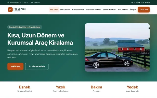 Klasik Petrol Turuncu – Araç Kiralama Web Sitesi ana sayfa görünümü