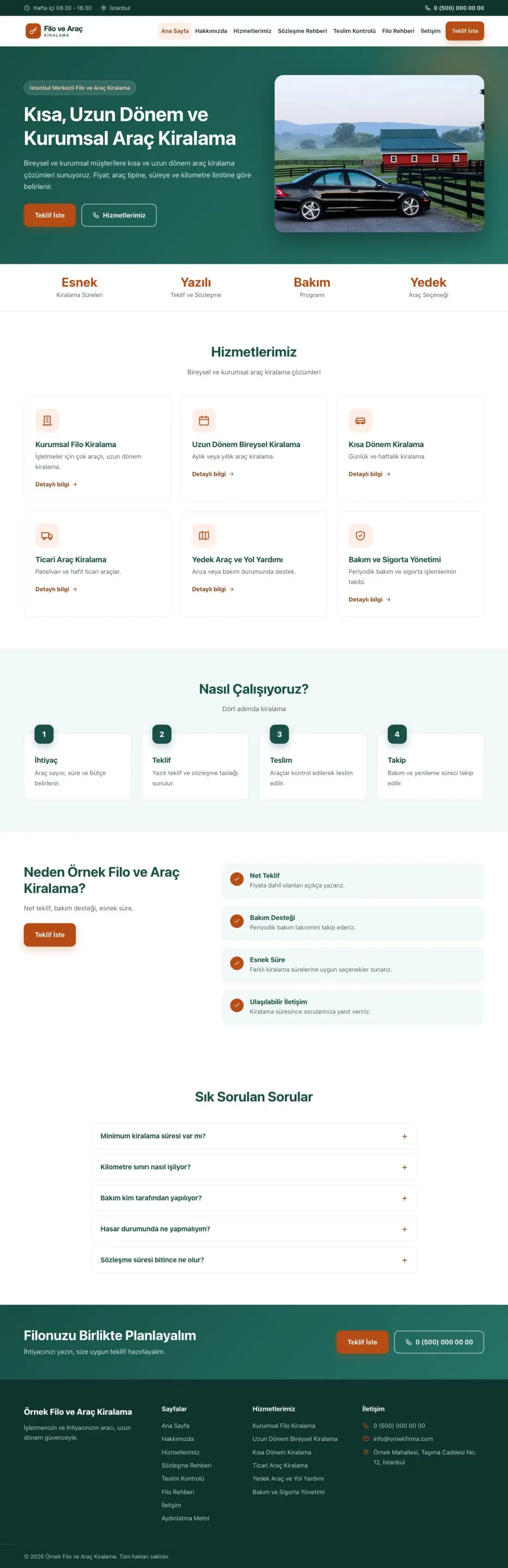 Klasik Petrol Turuncu – Araç Kiralama Web Sitesi ana sayfa görünümü