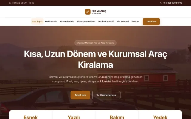 Merkez Bordo Turuncu – Araç Kiralama Web Sitesi ana sayfa görünümü