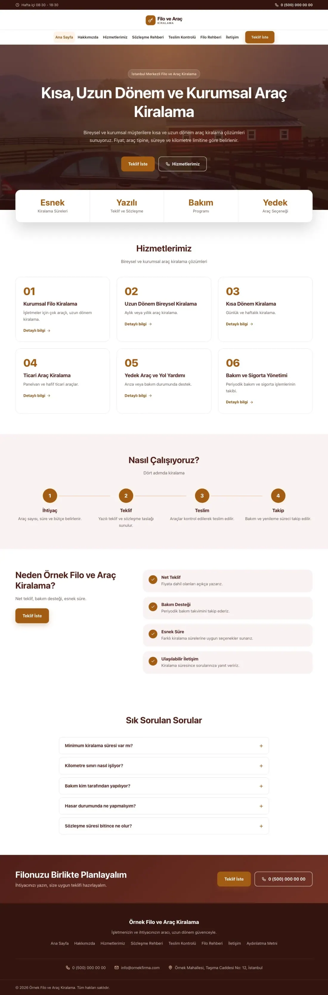 Merkez Bordo Turuncu – Araç Kiralama Web Sitesi ana sayfa görünümü