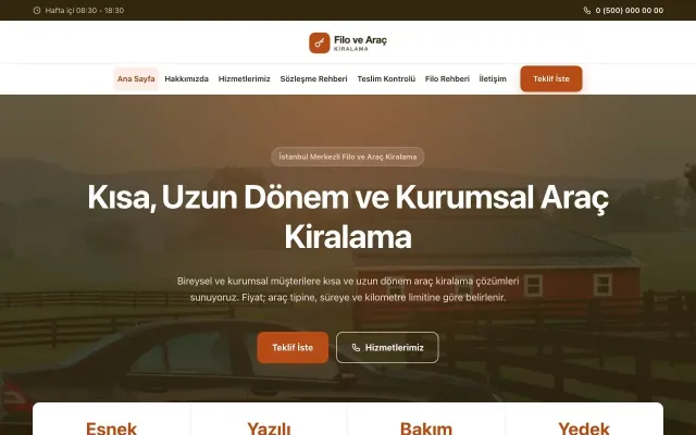 Merkez Kahve Turuncu – Araç Kiralama Web Sitesi ana sayfa görünümü