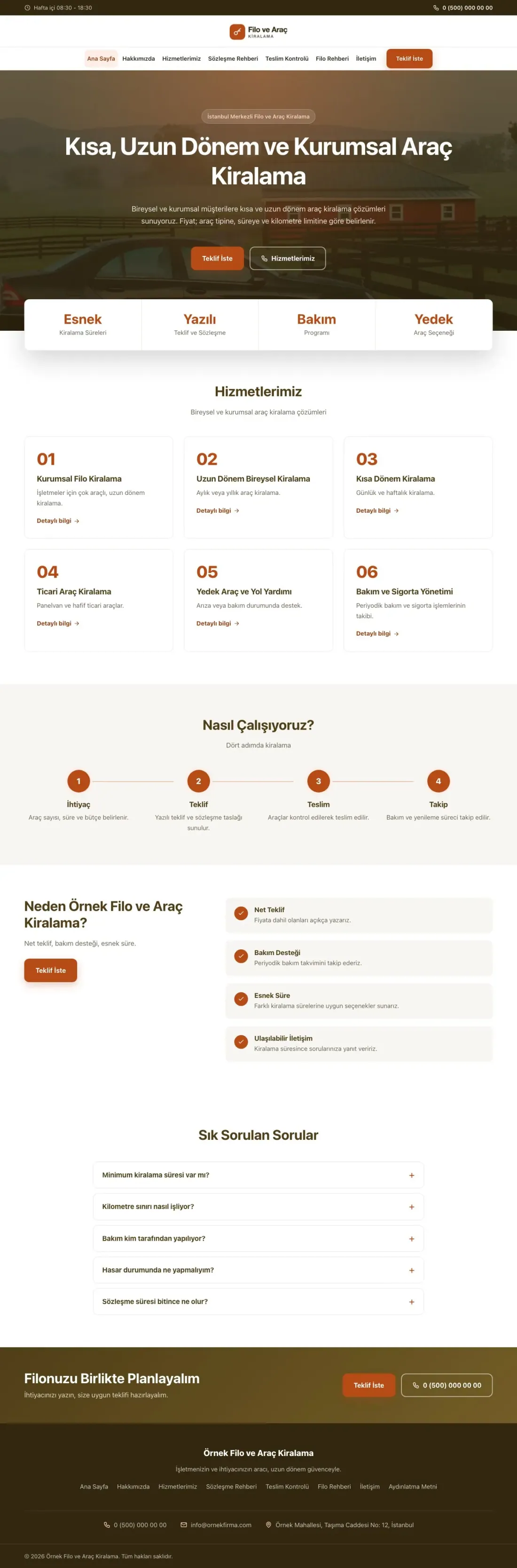 Merkez Kahve Turuncu – Araç Kiralama Web Sitesi ana sayfa görünümü