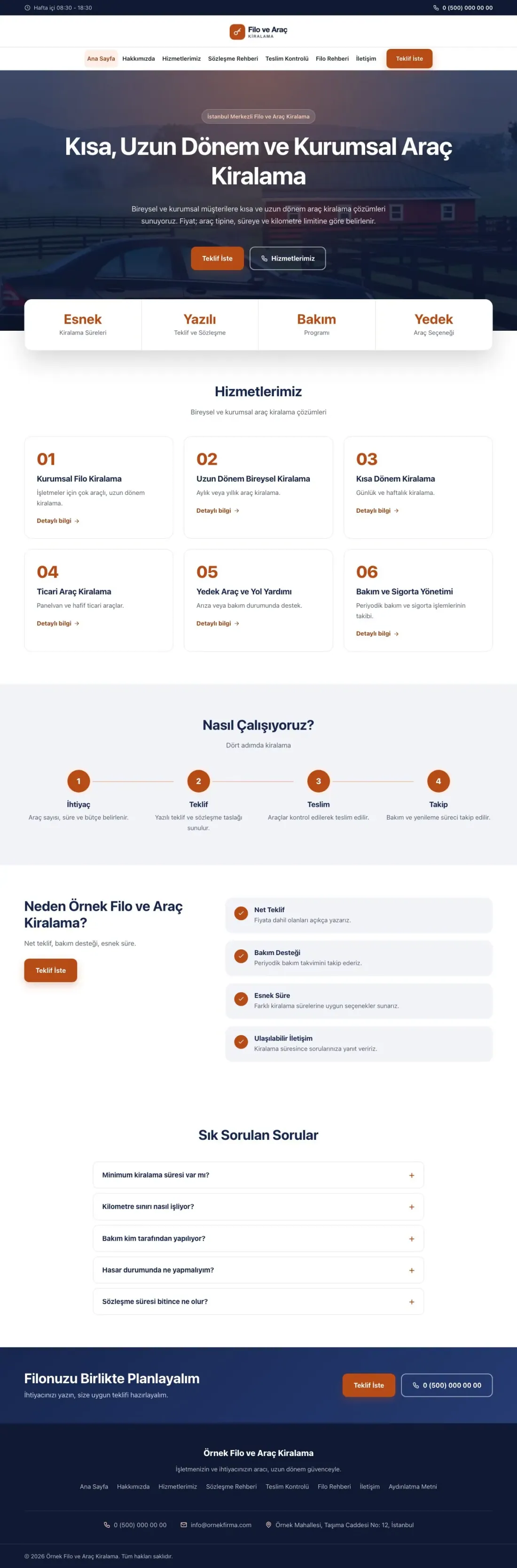 Merkez Mavi Turuncu – Araç Kiralama Web Sitesi ana sayfa görünümü