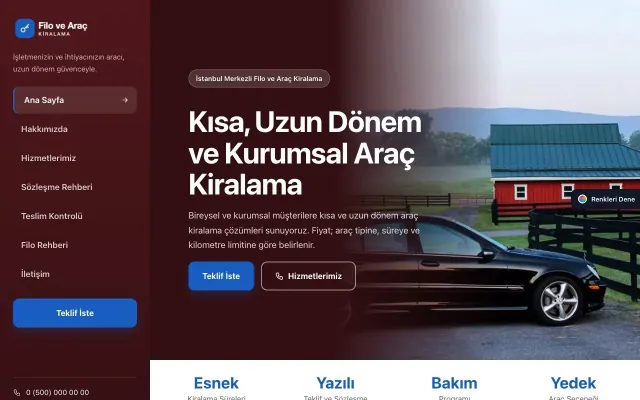 Araç Kiralama için Sol Menü Bordo Mavi – Araç Kiralama Web Sitesi ana sayfa görünümü