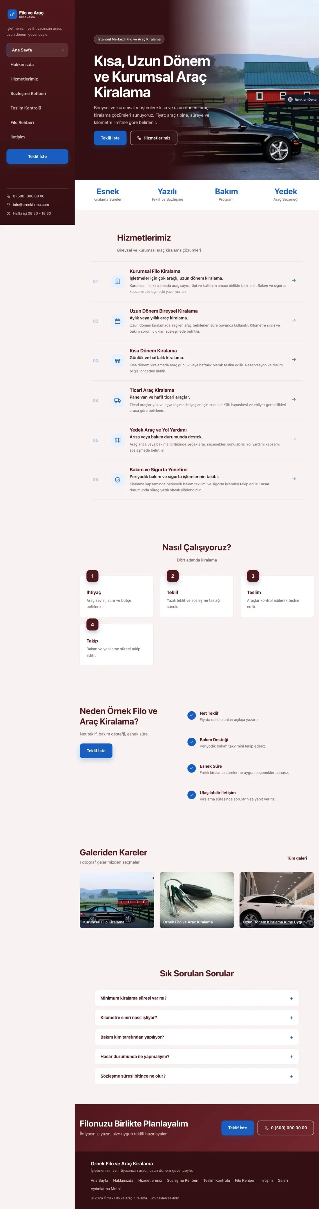 Araç Kiralama için Sol Menü Bordo Mavi – Araç Kiralama Web Sitesi ana sayfa görünümü