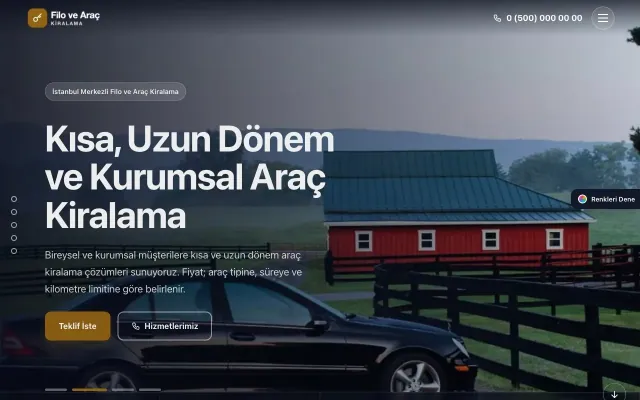 Araç Kiralama için Tam Ekran Mavi Turuncu – Araç Kiralama Web Sitesi ana sayfa görünümü