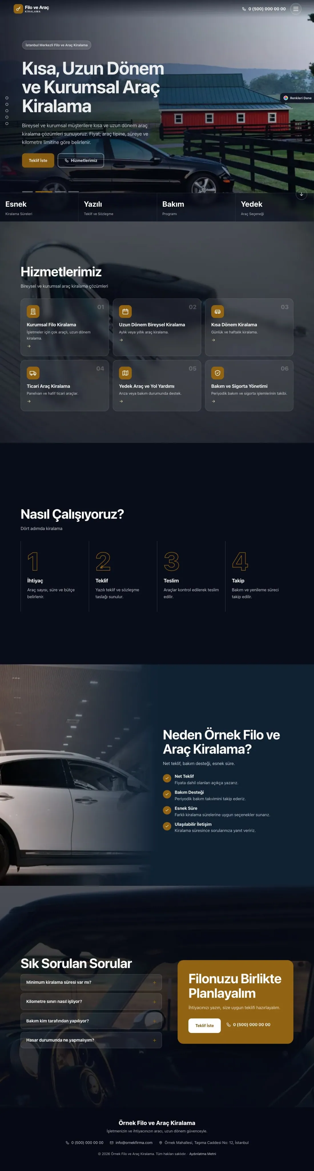 Araç Kiralama için Tam Ekran Mavi Turuncu – Araç Kiralama Web Sitesi ana sayfa görünümü