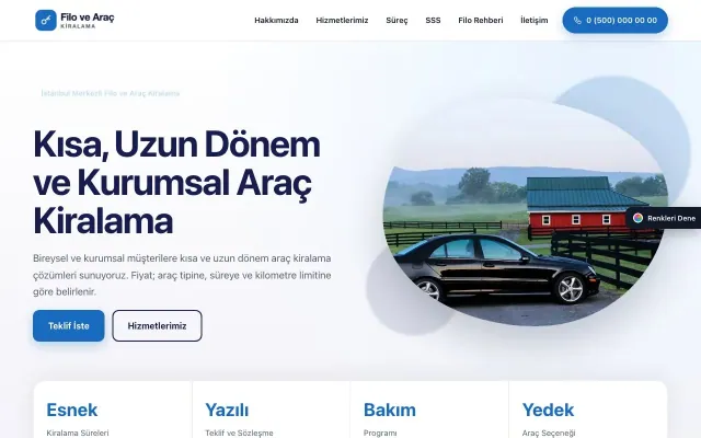 Araç Kiralama için Tek Sayfa Lacivert Mavi – Araç Kiralama Web Sitesi ana sayfa görünümü