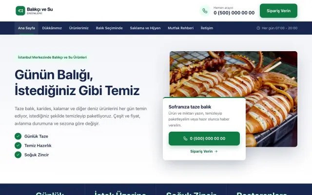 Balıkçı ve Su Ürünleri için Bölünmüş Mavi Yeşil – Balıkçı ve Su Ürünleri Web Sitesi ana sayfa görünümü
