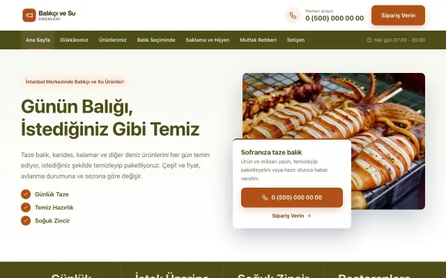 Balıkçı ve Su Ürünleri için Bölünmüş Zeytin Turuncu – Balıkçı ve Su Ürünleri Web Sitesi ana sayfa görünümü