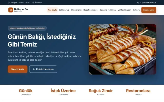 Balıkçı ve Su Ürünleri için Klasik Mavi Turuncu – Balıkçı ve Su Ürünleri Web Sitesi ana sayfa görünümü