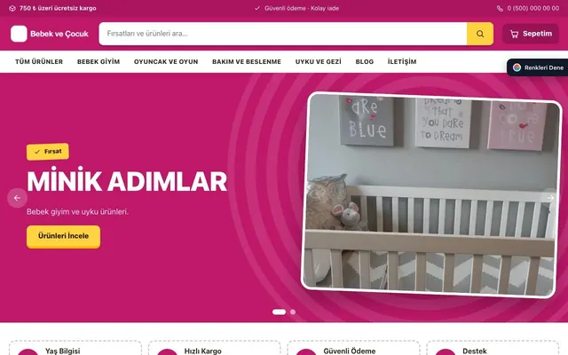 Bebek ve Çocuk için Kampanya Zeytin Pembe – Bebek ve Çocuk E-ticaret Sitesi ana sayfa görünümü