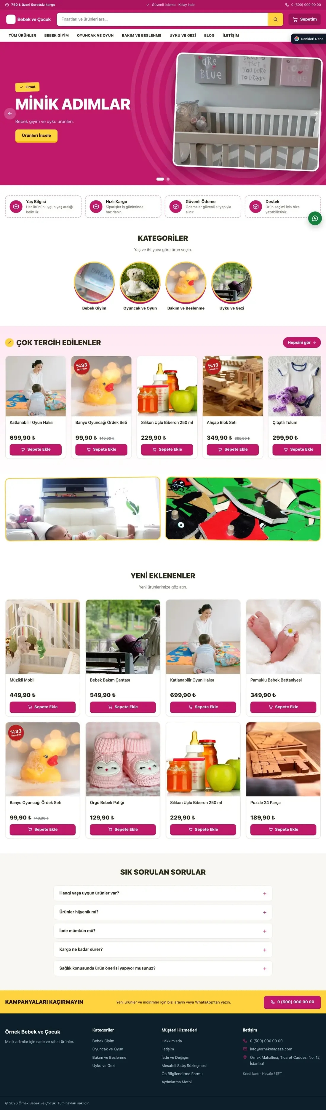 Bebek ve Çocuk için Kampanya Zeytin Pembe – Bebek ve Çocuk E-ticaret Sitesi ana sayfa görünümü