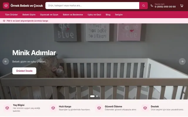 Bebek ve Çocuk için Market Bordo Pembe – Bebek ve Çocuk E-ticaret Sitesi ana sayfa görünümü