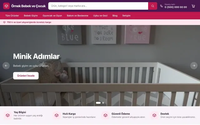 Bebek ve Çocuk için Market Mor Pembe – Bebek ve Çocuk E-ticaret Sitesi ana sayfa görünümü