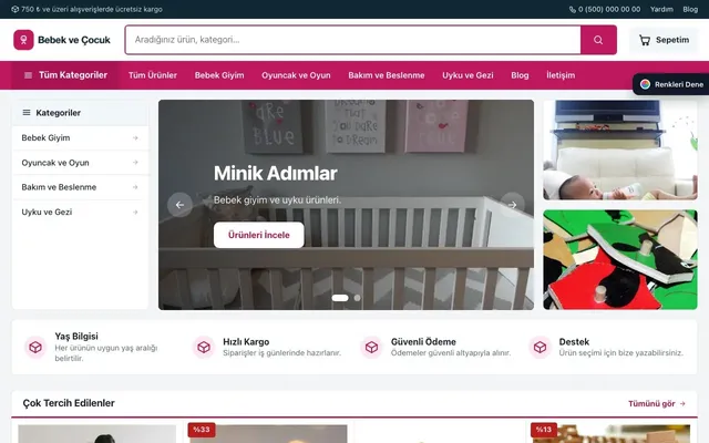 Bebek ve Çocuk için Pazar Yeri Mavi Pembe – Bebek ve Çocuk E-ticaret Sitesi ana sayfa görünümü