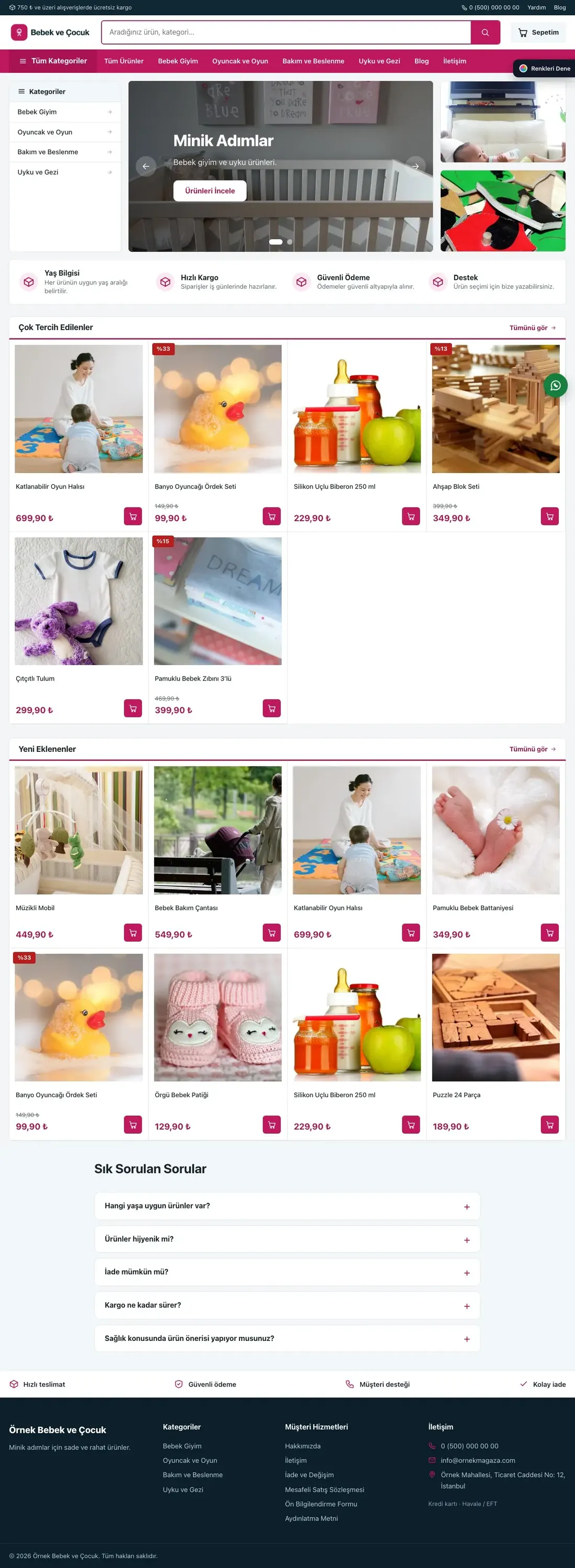 Bebek ve Çocuk için Pazar Yeri Mavi Pembe – Bebek ve Çocuk E-ticaret Sitesi ana sayfa görünümü
