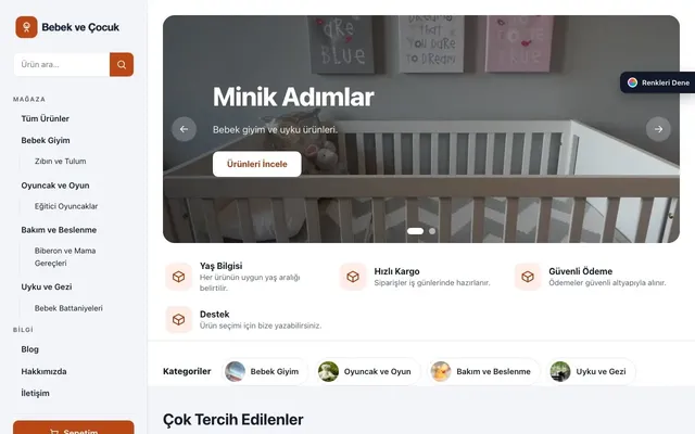Bebek ve Çocuk için Yan Menü Mavi Turuncu – Bebek ve Çocuk E-ticaret Sitesi ana sayfa görünümü