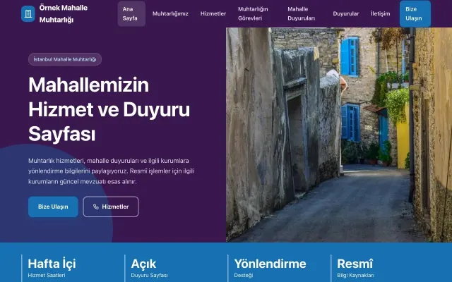 Belediye ve Muhtarlık için Blok Mor Mavi – Belediye ve Muhtarlık Web Sitesi ana sayfa görünümü