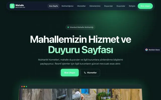 Belediye ve Muhtarlık için Koyu Modern Petrol Yeşil – Belediye ve Muhtarlık Web Sitesi ana sayfa görünümü