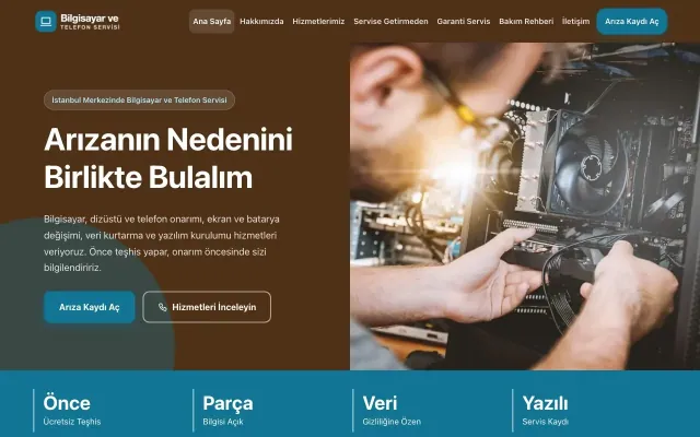 Bilgisayar ve Telefon Servisi için Blok Kahve Turkuaz – Bilgisayar ve Telefon Servisi Web Sitesi ana sayfa görünümü