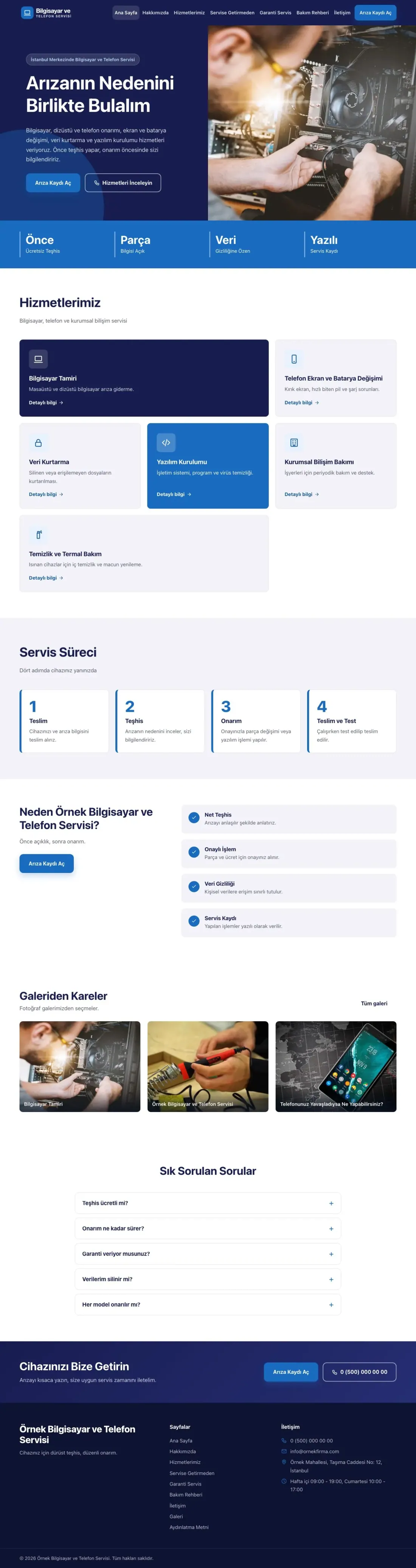 Bilgisayar ve Telefon Servisi için Blok Lacivert Mavi – Bilgisayar ve Telefon Servisi Web Sitesi ana sayfa görünümü
