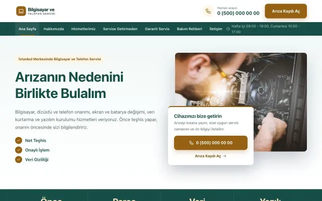 Bilgisayar ve Telefon Servisi için Bölünmüş Petrol Turuncu – Bilgisayar ve Telefon Servisi Web Sitesi ana sayfa görünümü