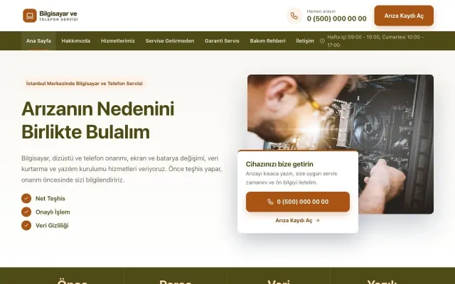 Bilgisayar ve Telefon Servisi için Bölünmüş Zeytin Turuncu – Bilgisayar ve Telefon Servisi Web Sitesi ana sayfa görünümü