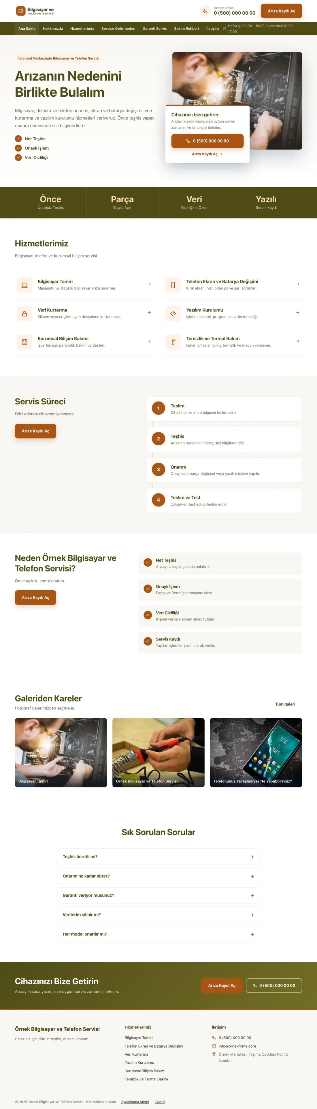 Bilgisayar ve Telefon Servisi için Bölünmüş Zeytin Turuncu – Bilgisayar ve Telefon Servisi Web Sitesi ana sayfa görünümü