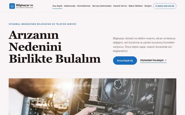 Bilgisayar ve Telefon Servisi için Dergi Editoryal Bordo Mavi – Bilgisayar ve Telefon Servisi Web Sitesi ana sayfa görünümü