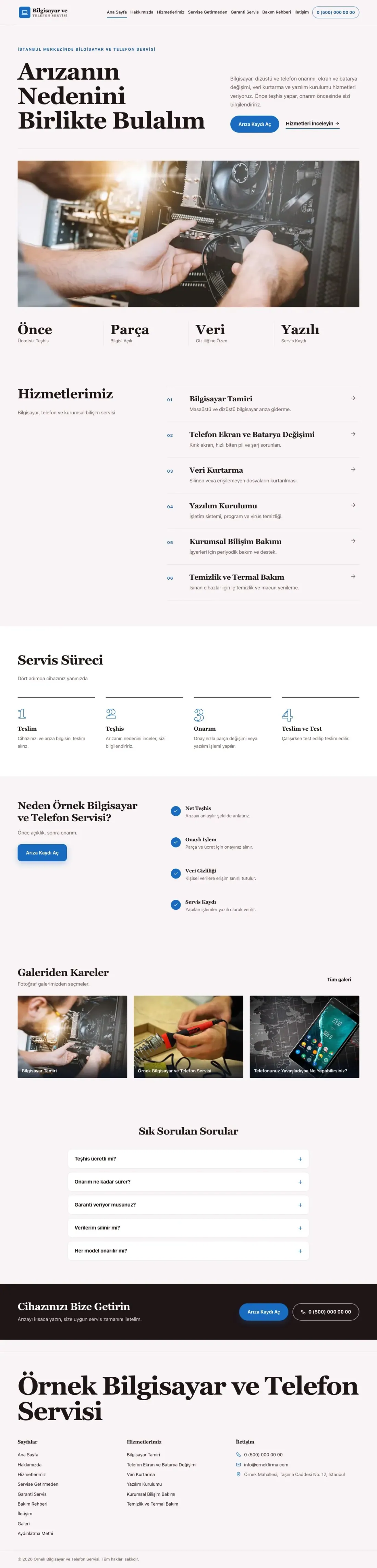 Bilgisayar ve Telefon Servisi için Dergi Editoryal Bordo Mavi – Bilgisayar ve Telefon Servisi Web Sitesi ana sayfa görünümü