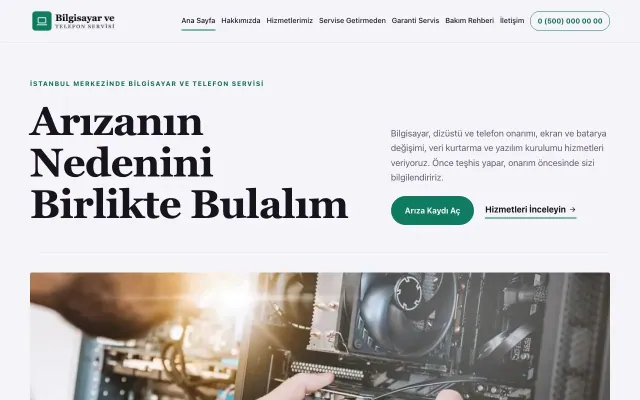 Bilgisayar ve Telefon Servisi için Dergi Editoryal Mor Turkuaz – Bilgisayar ve Telefon Servisi Web Sitesi ana sayfa görünümü