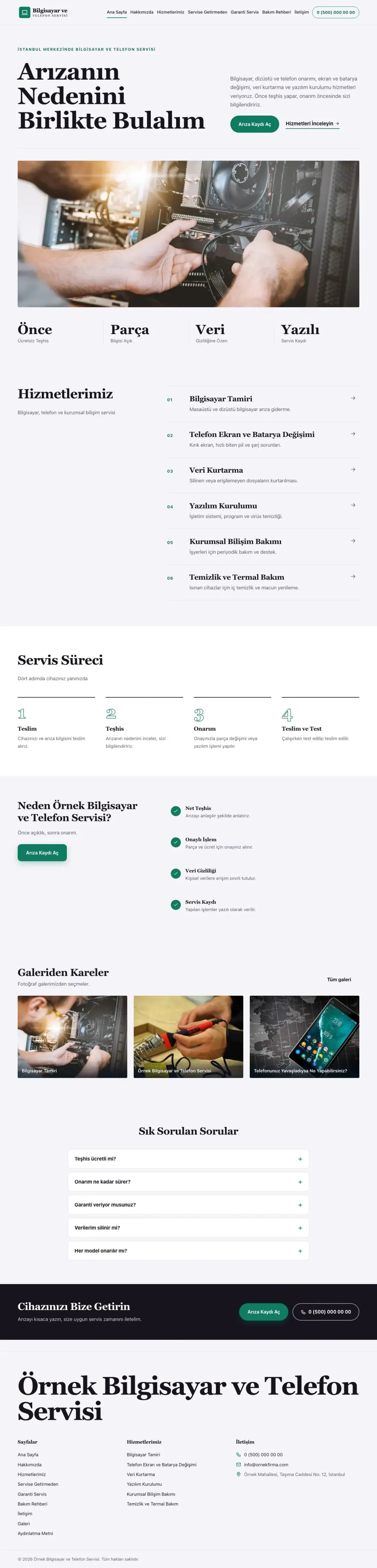 Bilgisayar ve Telefon Servisi için Dergi Editoryal Mor Turkuaz – Bilgisayar ve Telefon Servisi Web Sitesi ana sayfa görünümü