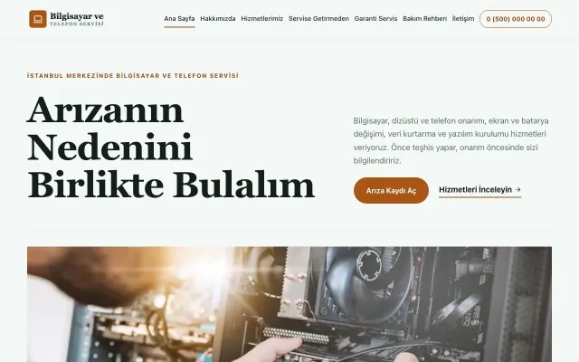 Bilgisayar ve Telefon Servisi için Dergi Editoryal Yeşil Turuncu – Bilgisayar ve Telefon Servisi Web Sitesi ana sayfa görünümü