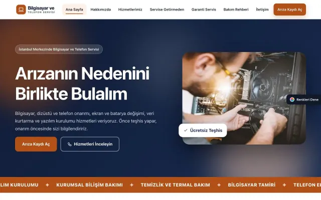 Bilgisayar ve Telefon Servisi için Hareketli Mavi Turuncu – Bilgisayar ve Telefon Servisi Web Sitesi ana sayfa görünümü