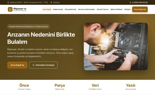 Bilgisayar ve Telefon Servisi için Klasik Kahve Turuncu – Bilgisayar ve Telefon Servisi Web Sitesi ana sayfa görünümü
