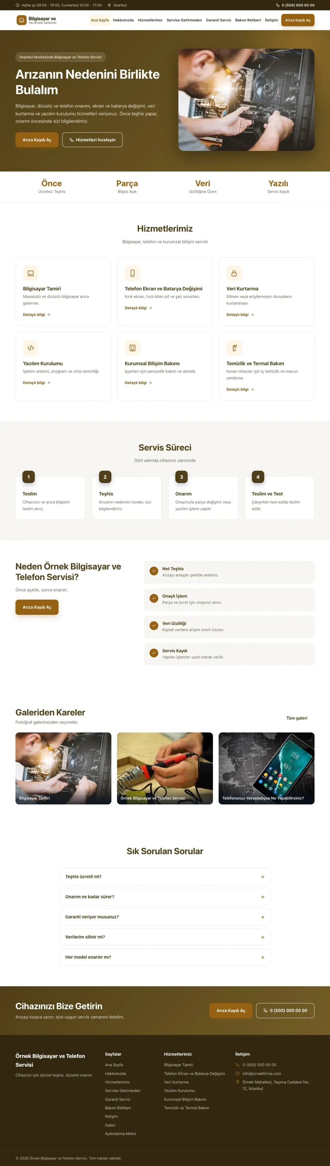 Bilgisayar ve Telefon Servisi için Klasik Kahve Turuncu – Bilgisayar ve Telefon Servisi Web Sitesi ana sayfa görünümü