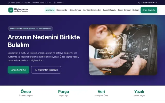 Bilgisayar ve Telefon Servisi için Klasik Lacivert Turkuaz – Bilgisayar ve Telefon Servisi Web Sitesi ana sayfa görünümü