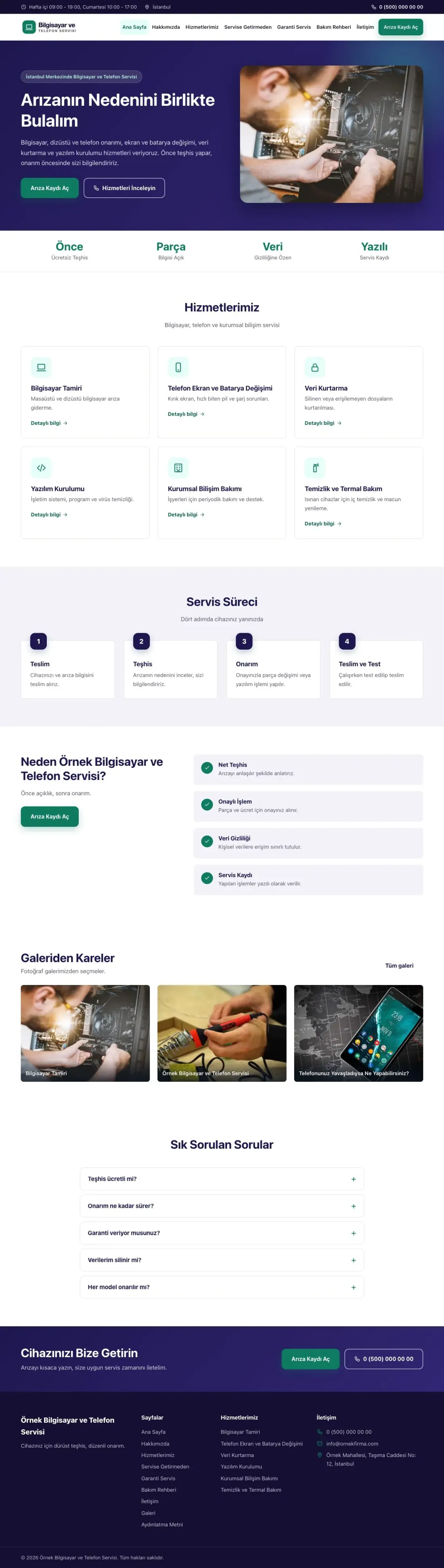 Bilgisayar ve Telefon Servisi için Klasik Lacivert Turkuaz – Bilgisayar ve Telefon Servisi Web Sitesi ana sayfa görünümü