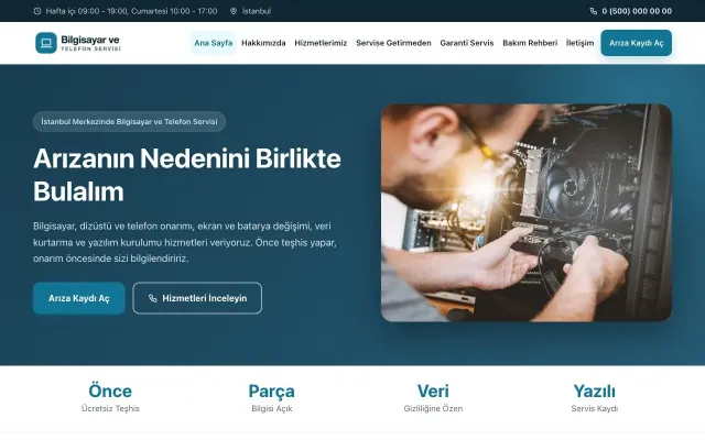 Bilgisayar ve Telefon Servisi için Klasik Mavi Turkuaz – Bilgisayar ve Telefon Servisi Web Sitesi ana sayfa görünümü