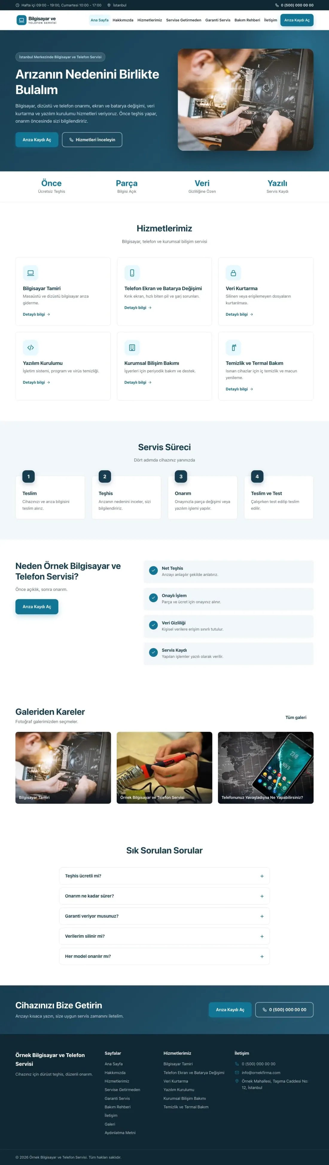 Bilgisayar ve Telefon Servisi için Klasik Mavi Turkuaz – Bilgisayar ve Telefon Servisi Web Sitesi ana sayfa görünümü
