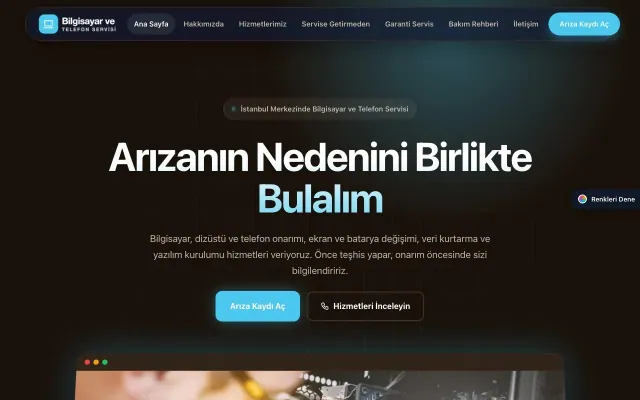 Bilgisayar ve Telefon Servisi için Koyu Modern Kahve Turkuaz – Bilgisayar ve Telefon Servisi Web Sitesi ana sayfa görünümü