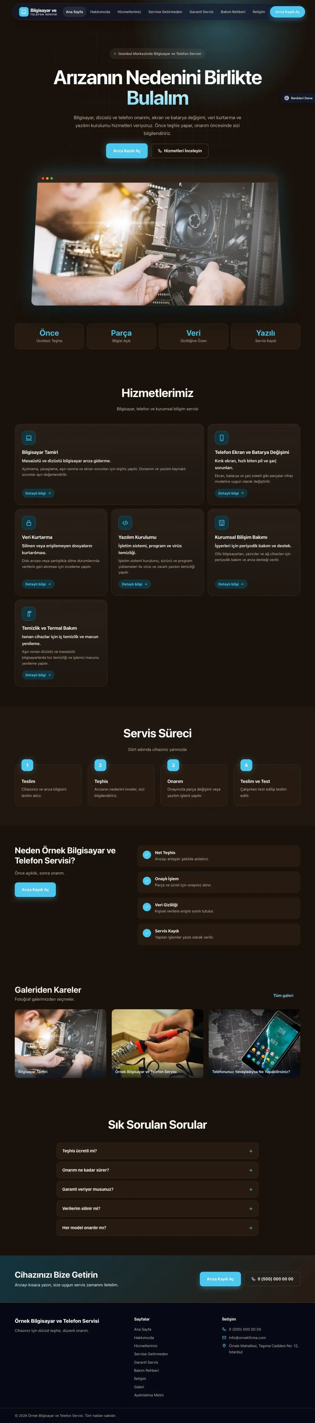 Bilgisayar ve Telefon Servisi için Koyu Modern Kahve Turkuaz – Bilgisayar ve Telefon Servisi Web Sitesi ana sayfa görünümü