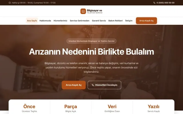 Bilgisayar ve Telefon Servisi için Merkez Kahve Turuncu – Bilgisayar ve Telefon Servisi Web Sitesi ana sayfa görünümü