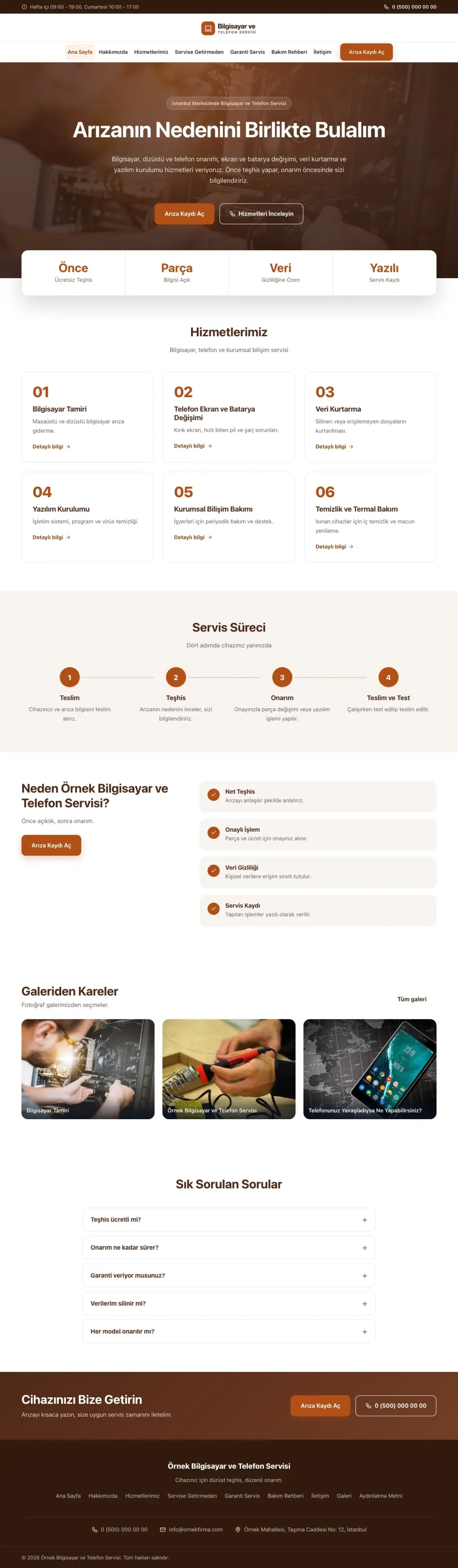 Bilgisayar ve Telefon Servisi için Merkez Kahve Turuncu – Bilgisayar ve Telefon Servisi Web Sitesi ana sayfa görünümü